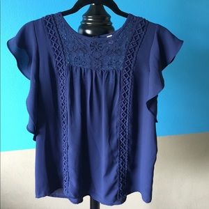 Navy Blue Blouse With Lace Detail